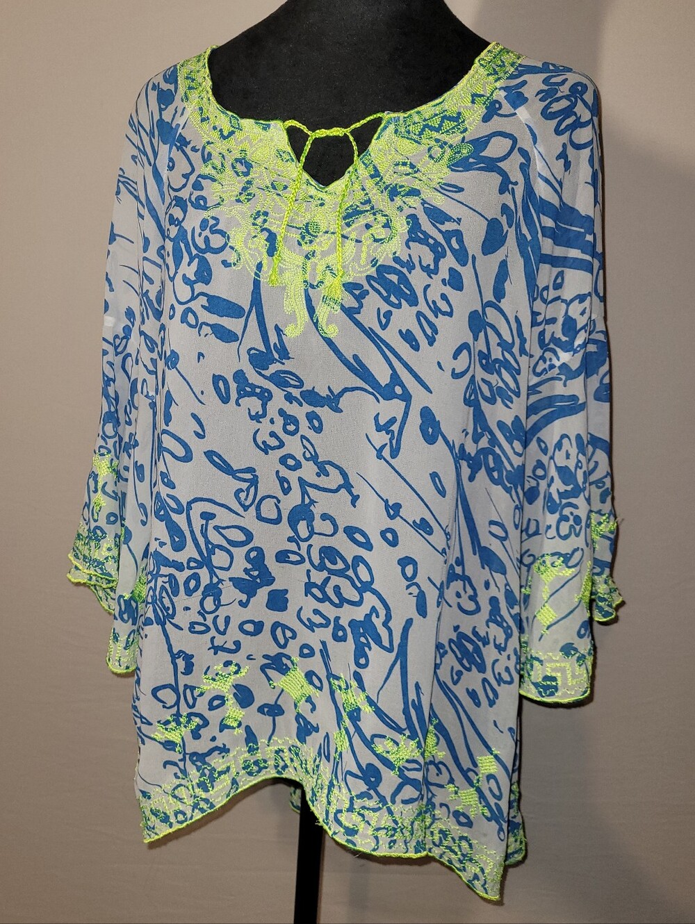 Sundance Blue & Neon Yellow Printed Swim Coverup Tunic, L